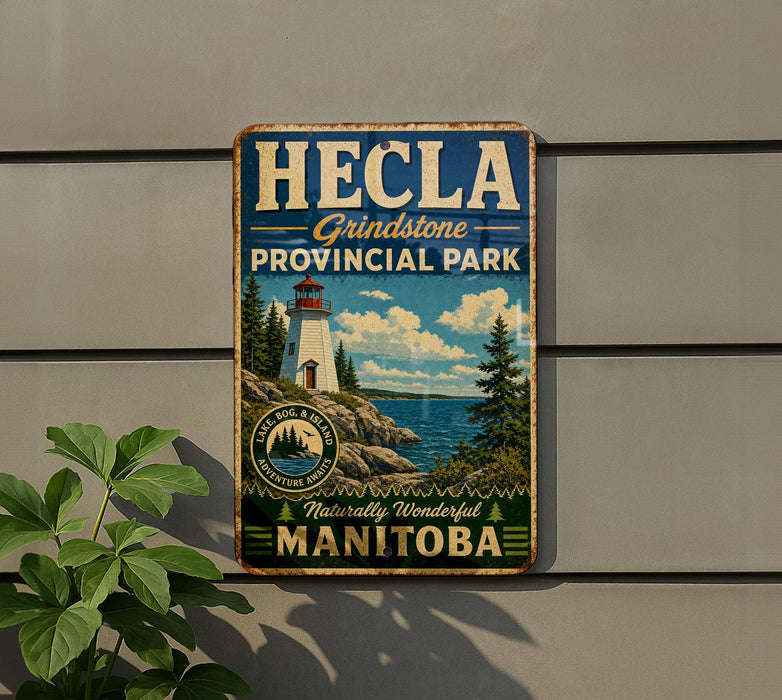 A vintage-style metal sign for the Grindstone Provincial Park in Manitoba, Canada, featuring a lighthouse and a scenic landscape.