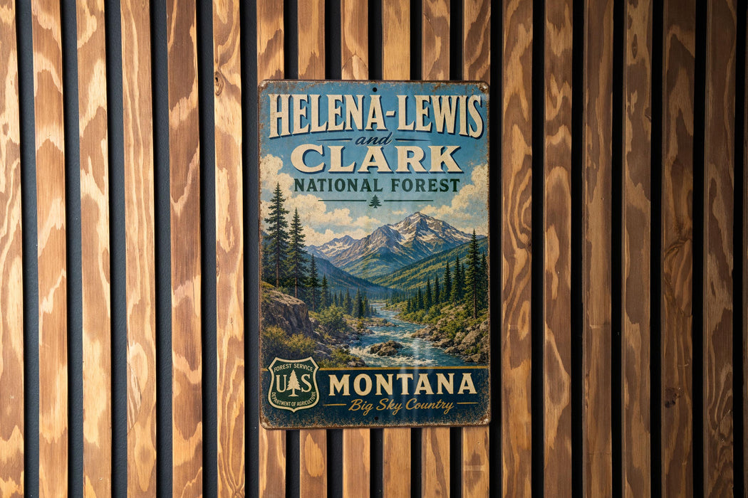 A vintage metal sign with the text "Helena-Lewis and Clark National Forest Montana Big Sky Country" is displayed on a wooden wall.