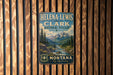 A vintage metal sign with the text "Helena-Lewis and Clark National Forest Montana Big Sky Country" is displayed on a wooden wall.