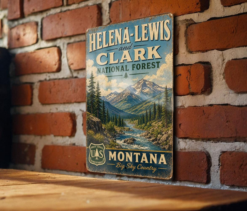 A vintage-style metal sign with a mountain landscape and a river, mounted on a brick wall.