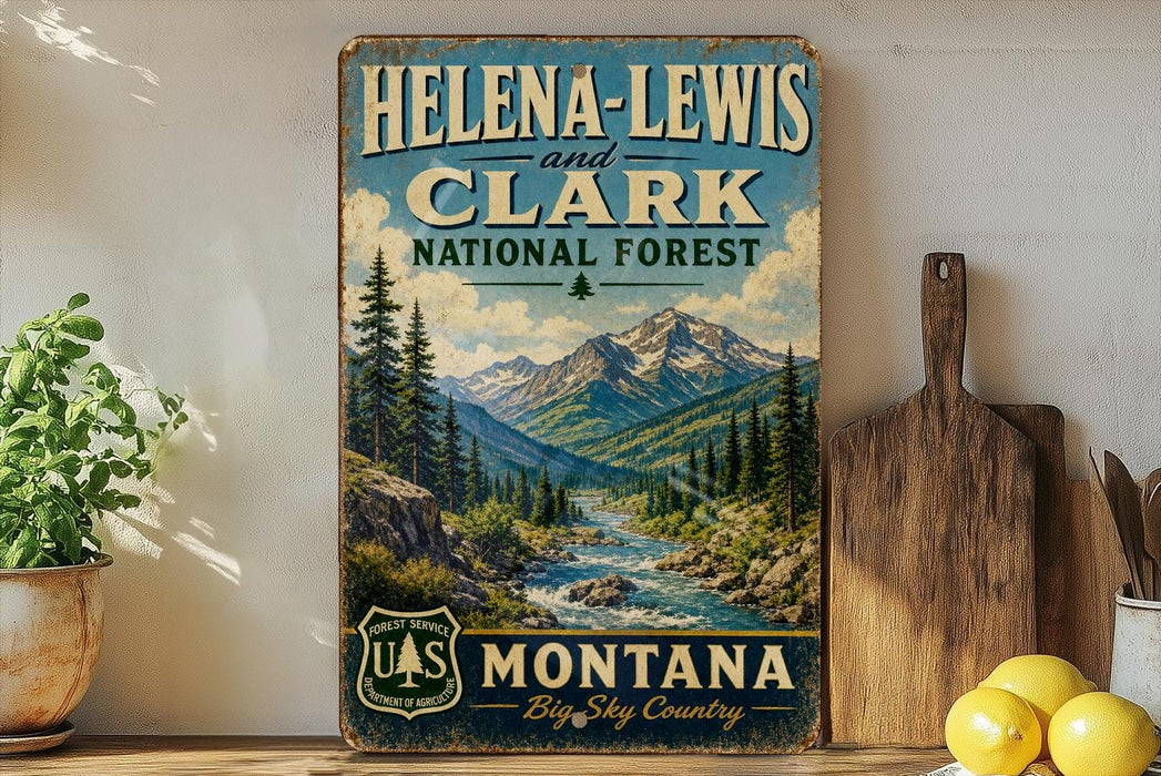 A vintage-style sign for Helena-Lewis and Clark National Forest in Montana, featuring a scenic mountain landscape with a river and pine trees.