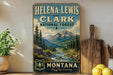 A vintage-style sign for Helena-Lewis and Clark National Forest in Montana, featuring a scenic mountain landscape with a river and pine trees.