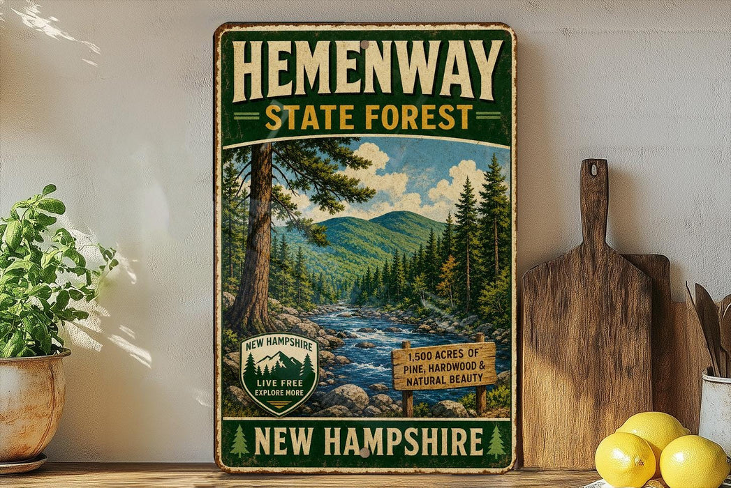 A vintage-style metal sign for Hemenway State Forest in New Hampshire, featuring a scenic image of pine trees, a river, and mountains.