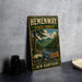A vintage-style metal sign for Hemenway State Forest in New Hampshire, featuring a scenic image of a forest and a river.