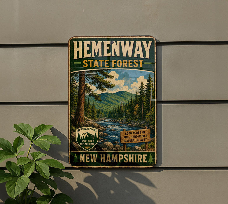 A vintage-style metal sign for Hemenway State Forest in New Hampshire, featuring a scenic landscape with pine trees, a river, and mountains.