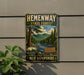 A vintage-style metal sign for Hemenway State Forest in New Hampshire, featuring a scenic landscape with pine trees, a river, and mountains.