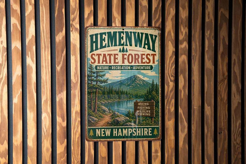 A vintage metal sign for Hemenway State Forest in New Hampshire, featuring a scenic landscape with a river, mountains, and pine trees.
