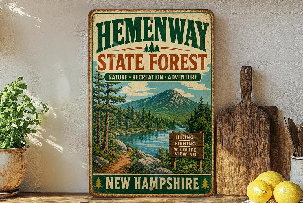 A vintage-style metal sign for Hemenway State Forest in New Hampshire, featuring a scenic mountain landscape and a trail sign.