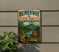 A vintage-style metal sign for Hemenway State Forest in New Hampshire, featuring a scenic landscape with a mountain, river, and pine trees.