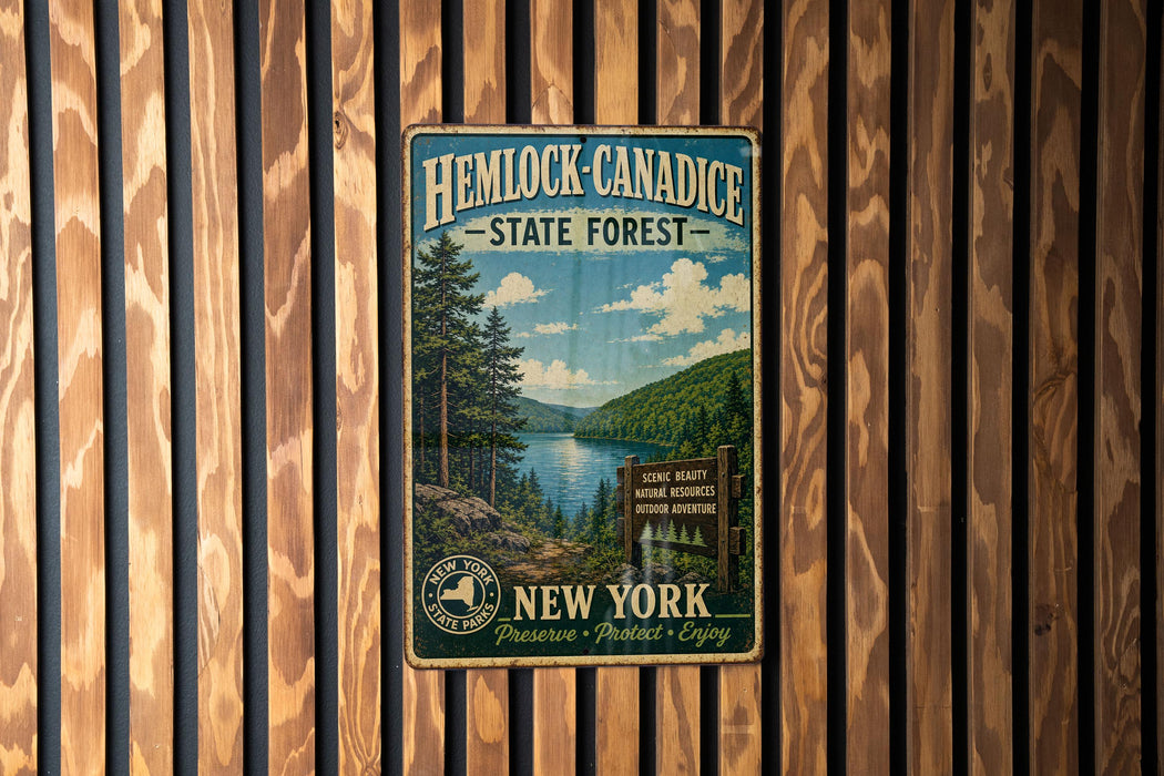 A vintage-style metal sign for Hemlock-Canadice State Forest in New York, featuring a scenic landscape with pine trees, a lake, and mountains.