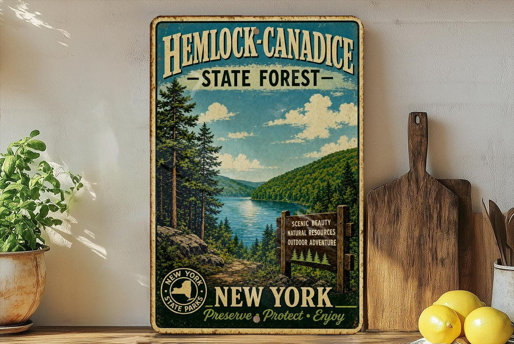 A vintage-style metal sign for Hemlock-Canadice State Forest in New York, featuring a scenic landscape with pine trees, a lake, and mountains.
