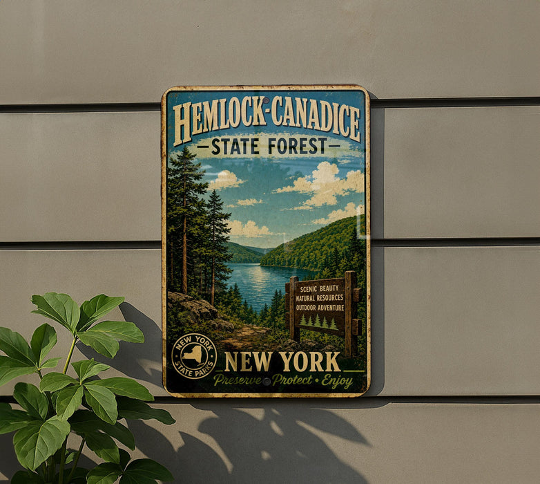 A vintage-style metal sign for Hemlock-Canadice State Forest in New York, featuring a scenic landscape with pine trees, a lake, and mountains.