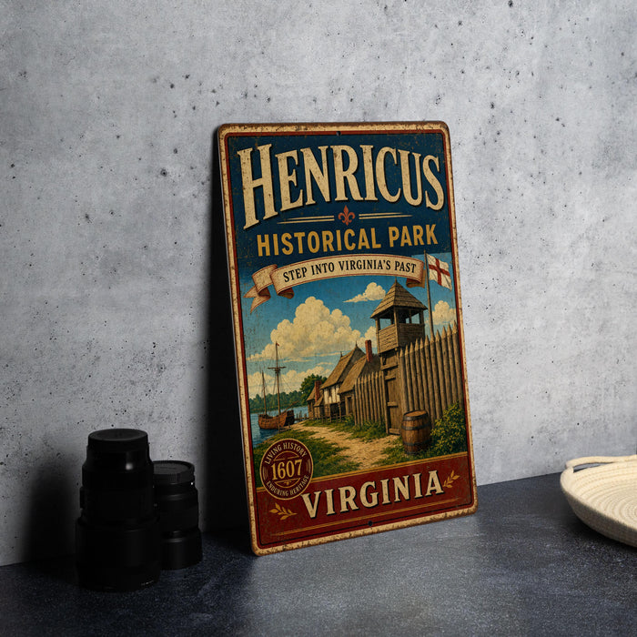 A vintage-style metal sign for Henricus Historical Park in Virginia, featuring an illustration of a historical building and a wooden fence.