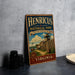 A vintage-style metal sign for Henricus Historical Park in Virginia, featuring an illustration of a historical building and a wooden fence.