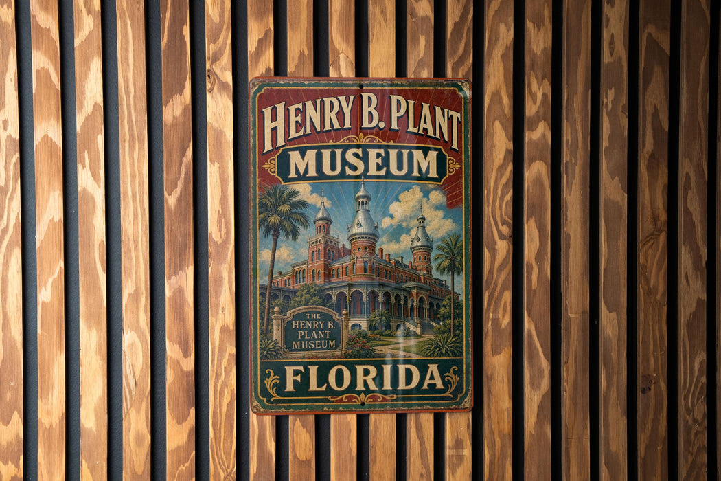 A vintage-style metal sign for the Henry B. Plant Museum in Florida, featuring an illustration of a historic building surrounded by palm trees.