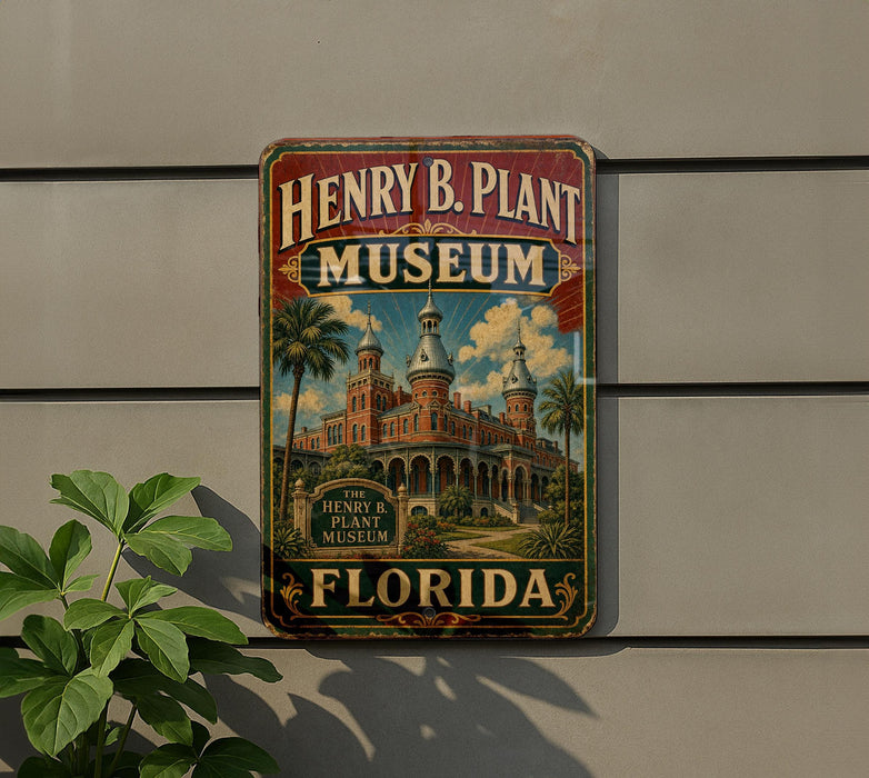 A vintage-style metal sign for the Henry B. Plant Museum in Florida, featuring an illustration of a historic building surrounded by palm trees.