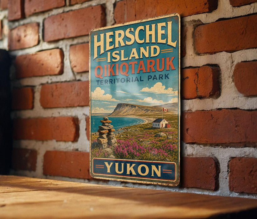 A vintage-style metal sign for Herschel Island, Yukon, is displayed on a brick wall.
