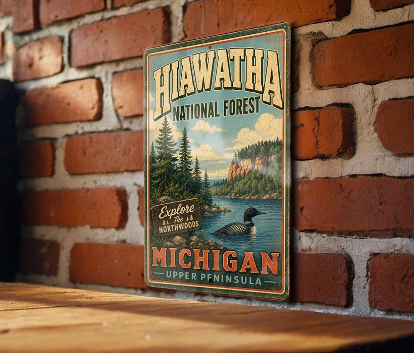 A vintage-style metal sign for the Hiawatha National Forest in Michigan, featuring a scenic image of a lake with a duck and surrounded by pine trees.