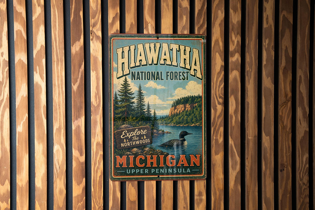 A vintage metal sign for the Hiawatha National Forest in Michigan, featuring a scenic illustration of a lake surrounded by pine trees and mountains.
