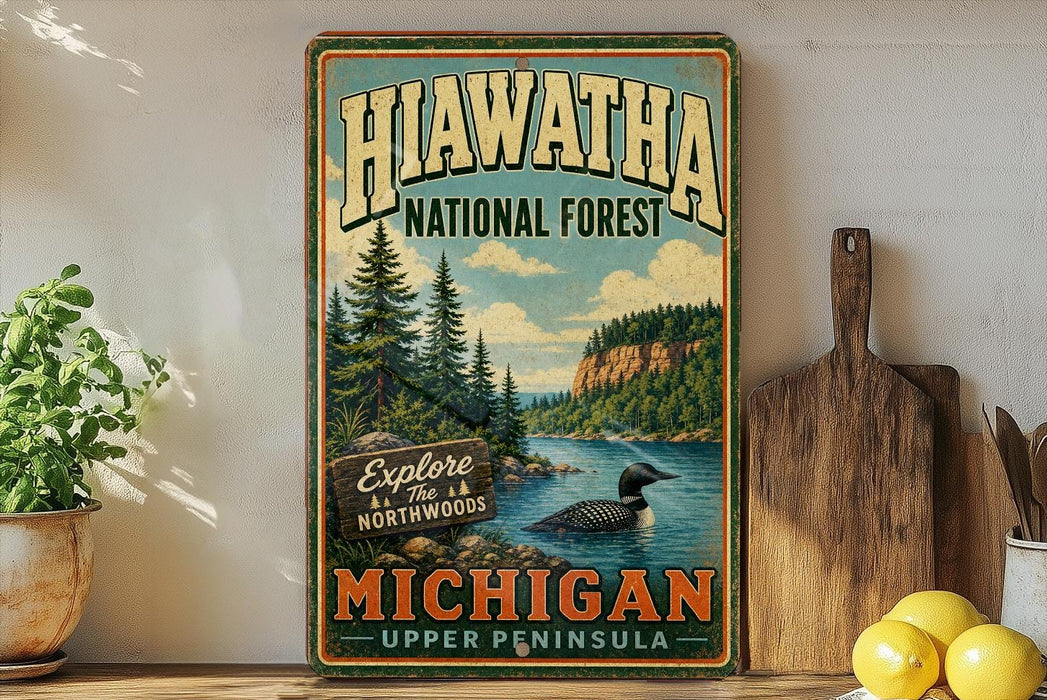 A vintage-style metal sign advertising the Hiawatha National Forest in Michigan, featuring a scenic image of a lake surrounded by pine trees and mountains.