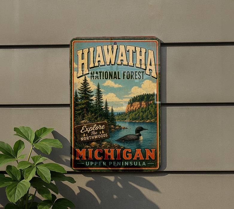 A vintage-style metal sign for the Hiawatha National Forest, featuring a scenic landscape with a lake, pine trees, and a bird.