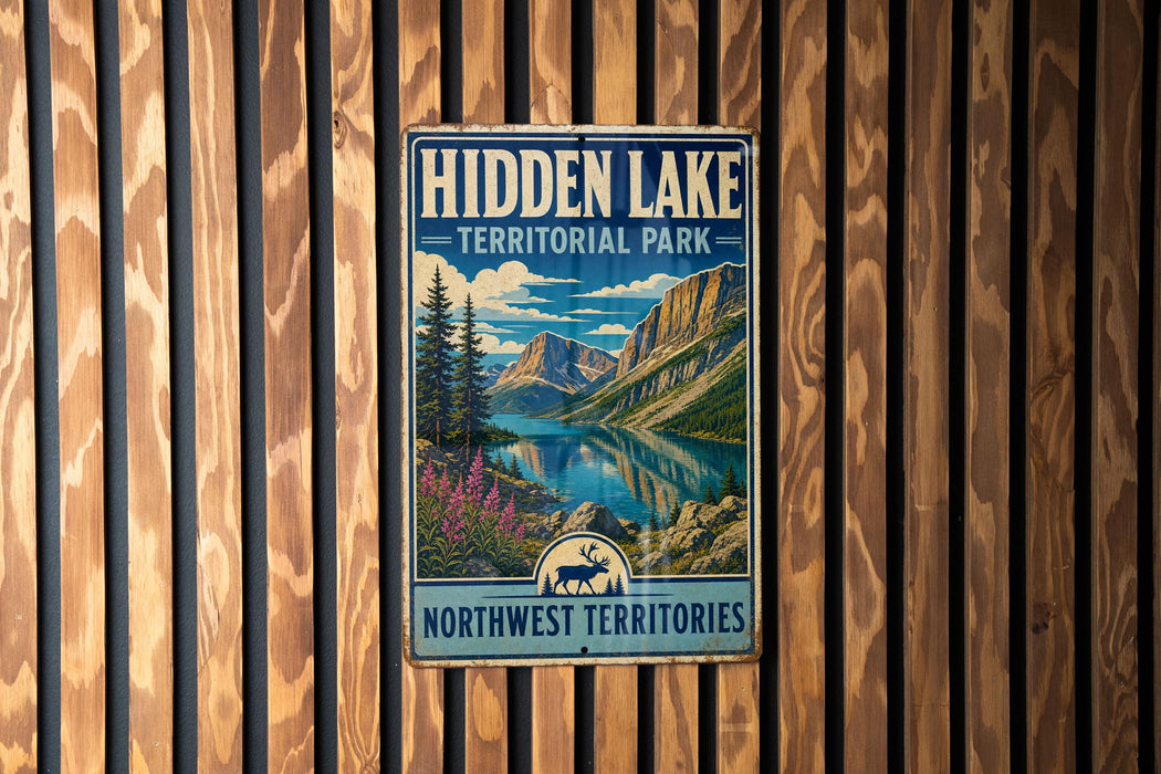 A vintage-style sign for "Hidden Lake" in the Northwest Territories, featuring a scenic landscape with mountains, a lake, and a moose.