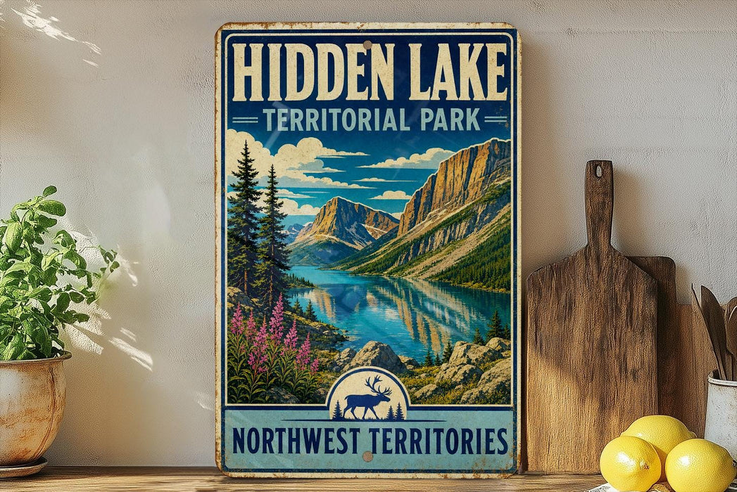 A vintage-style sign for "Hidden Lake" in the Northwest Territories, featuring a scenic mountain landscape with a lake and pine trees.