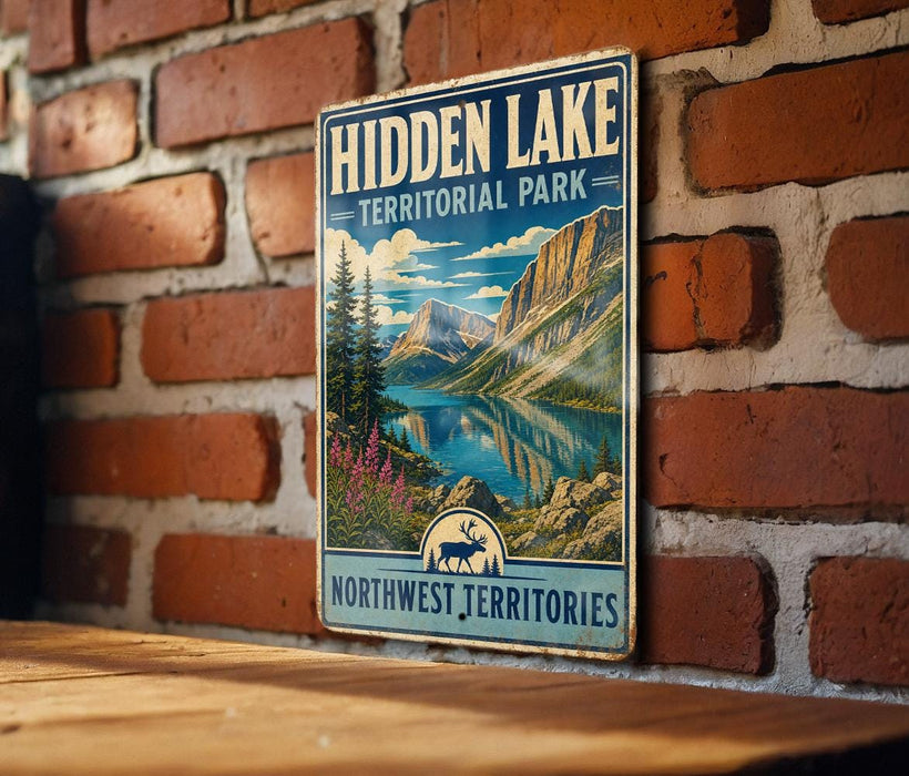 A vintage-style metal sign for Hidden Lake Territorial Park, featuring a scenic mountain landscape with a lake and pine trees.
