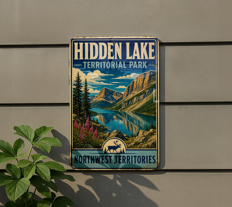 A vintage-style sign for Hidden Lake, a terrarium park, featuring a scenic landscape with mountains, a lake, and a moose.