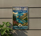 A vintage-style sign for Hidden Lake, a terrarium park, featuring a scenic landscape with mountains, a lake, and a moose.