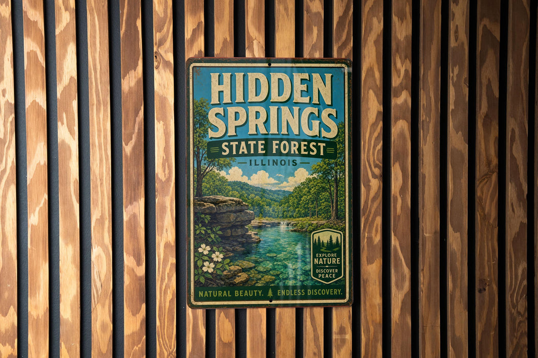 A vintage metal sign for Hidden Springs State Forest in Illinois, featuring a scenic landscape with a river, trees, and a waterfall.