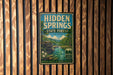 A vintage metal sign for Hidden Springs State Forest in Illinois, featuring a scenic landscape with a river, trees, and a waterfall.