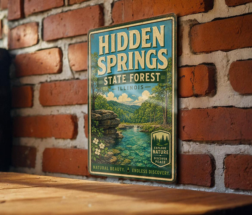 A vintage-style metal sign for Hidden Springs State Forest in Illinois, featuring a scenic landscape with a river and lush greenery.