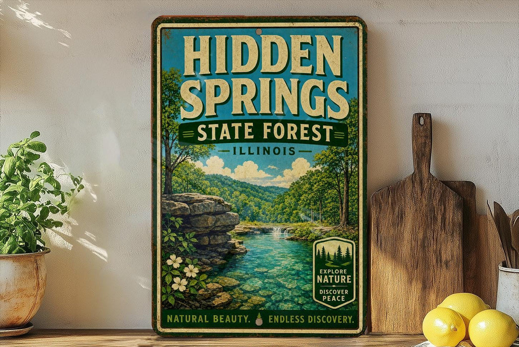 a vintage-style sign for Hidden Springs State Forest in Illinois, with a scenic illustration of a forest and a river. The sign is displayed on a wooden shelf, surrounded by various kitchen utensils and a potted plant.