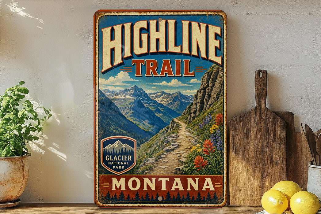 A vintage-style sign for the Highline Trail in Montana, featuring a scenic mountain landscape with a winding path and colorful wildflowers.