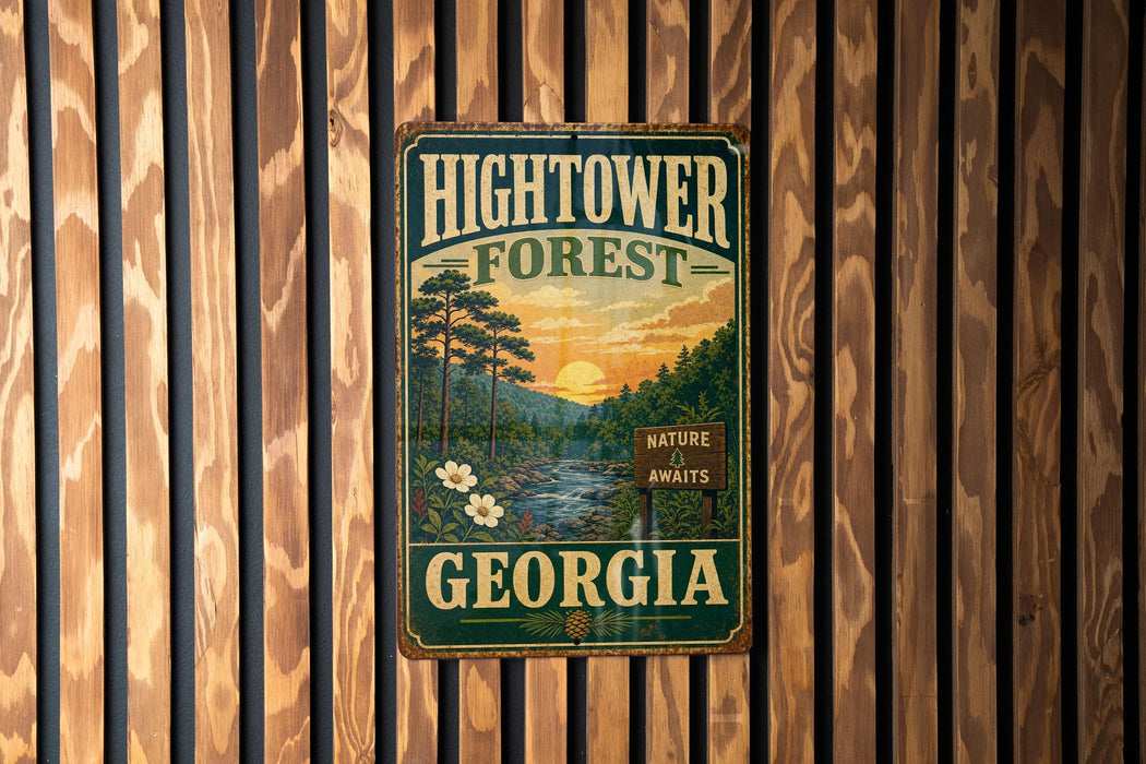 A vintage metal sign for the Hightower Forest in Georgia, featuring a scenic landscape with pine trees, a river, and a sunset.