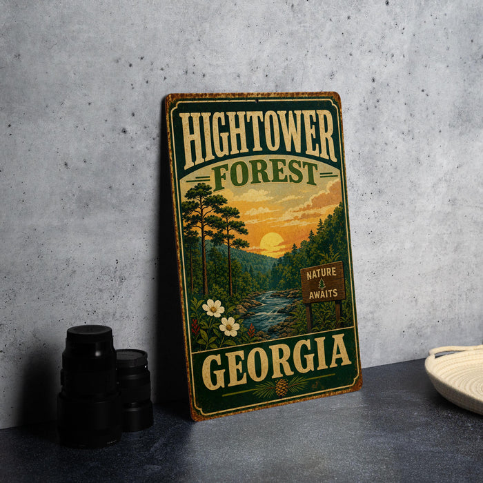 A vintage-style metal sign for the Hightower Forest in Georgia, featuring a scenic illustration of the forest and a sunset.
