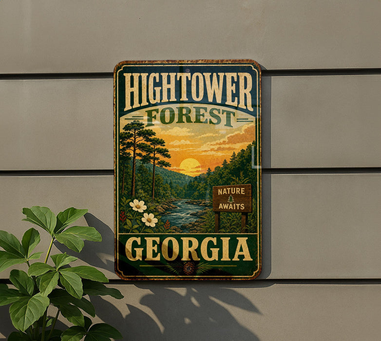A vintage-style metal sign for the Hightower Forest in Georgia, featuring a scenic landscape with pine trees, a river, and a sunset.