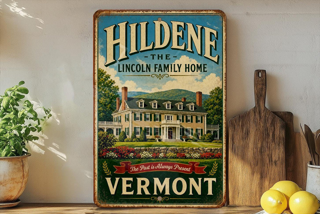 A vintage-style sign for Hildene, the Lincoln Family Home, is displayed on a shelf next to a wooden cutting board and some potted plants.