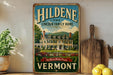 A vintage-style sign for Hildene, the Lincoln Family Home, is displayed on a shelf next to a wooden cutting board and some potted plants.