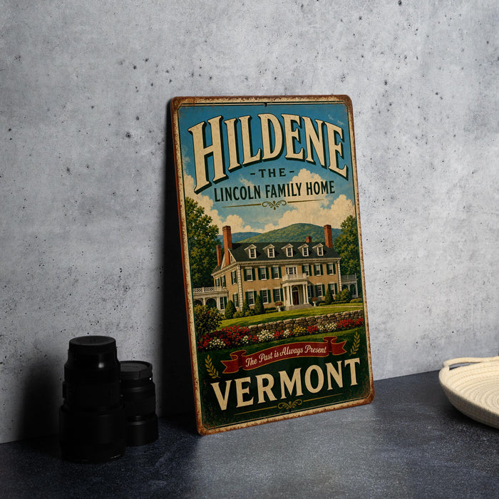 A vintage-style sign for Hildene, the Lincoln Family Home, located in Vermont.