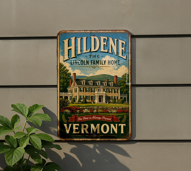 A vintage-style sign for Hildene, the Lincoln Family Home, is displayed on a wall next to a plant.