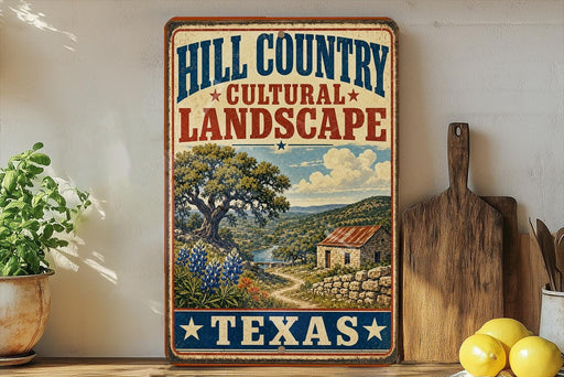 A vintage-style sign for "Hill Country Cultural Landscape" in Texas, featuring a scenic landscape with a tree, house, and mountains.