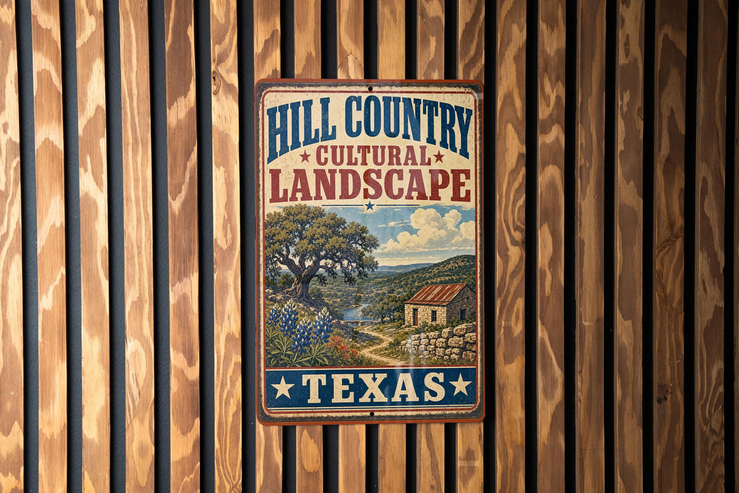 A vintage-style metal sign with the text "HILL COUNTRY CULTURAL LANDSCAPE TEXAS" displayed on a wooden fence.