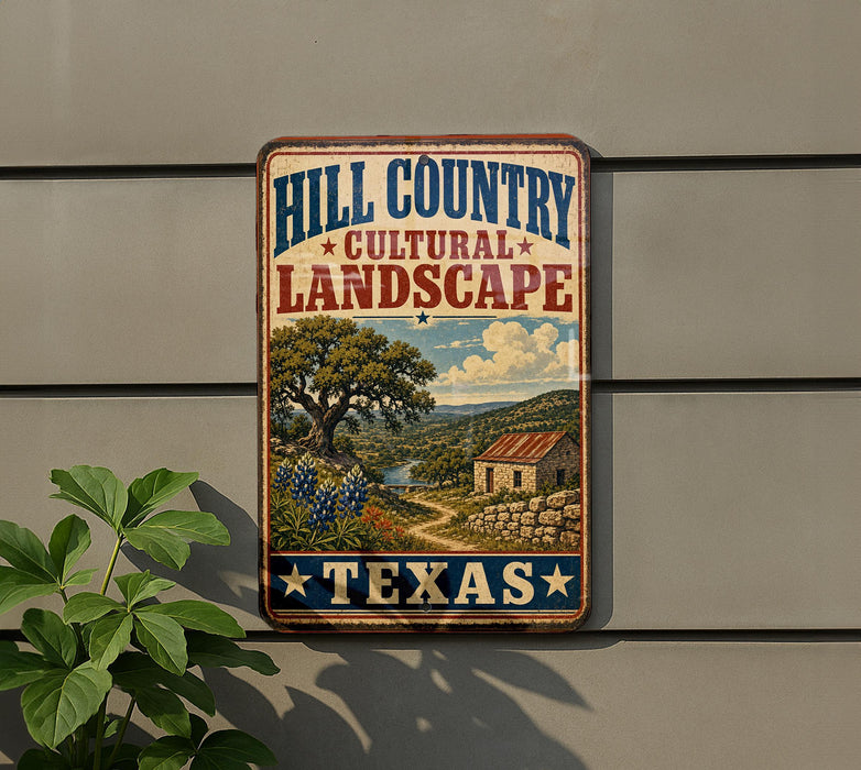 A vintage-style metal sign with the text "HILL COUNTRY CULTURAL LANDSCAPE TEXAS" displayed on a wall, featuring a scenic landscape with a tree, flowers, and a small building.