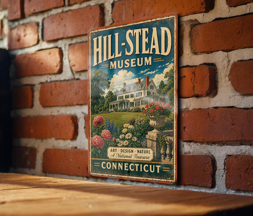 A vintage-style metal sign for the Hill-Stead Museum in Connecticut, featuring an illustration of a large house surrounded by a well-manicured garden.