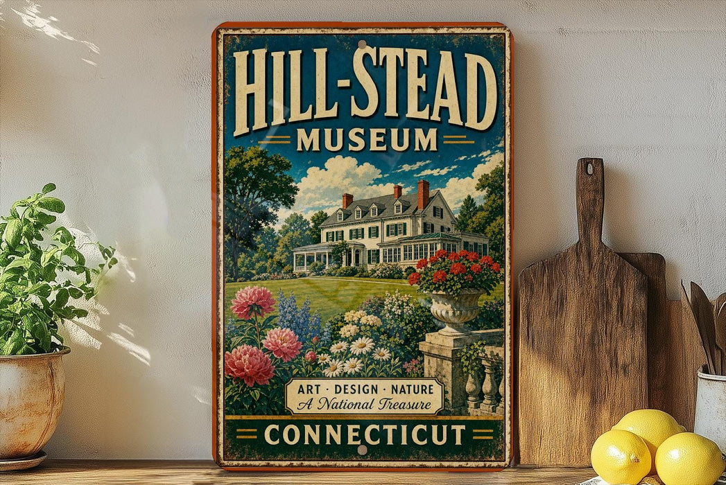 A vintage-style poster for the Hill-Stead Museum in Connecticut, featuring a large house surrounded by a garden and flowers.