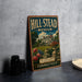 A vintage-style sign for the Hill-Stead Museum in Connecticut, featuring an illustration of a large house surrounded by flowers and greenery.