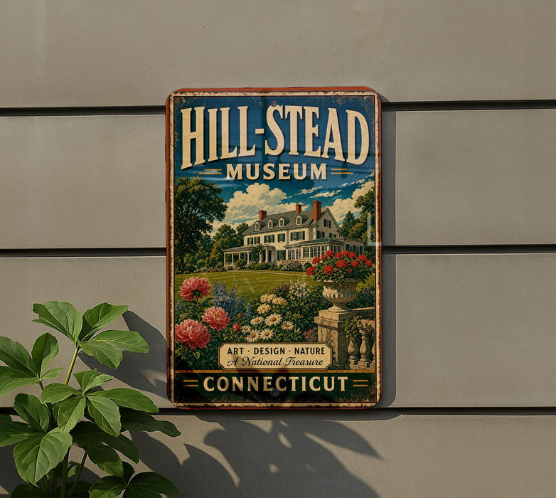 A vintage metal sign for the Hill-Stead Museum in Connecticut, featuring a large house surrounded by a garden with flowers.