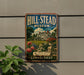 A vintage metal sign for the Hill-Stead Museum in Connecticut, featuring a large house surrounded by a garden with flowers.
